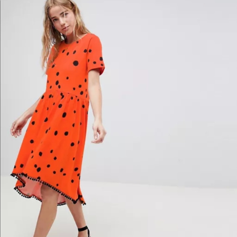 ASOS Design Orange Polka Dot Hi Low Pom Hem Dress - Picture 1 of 7